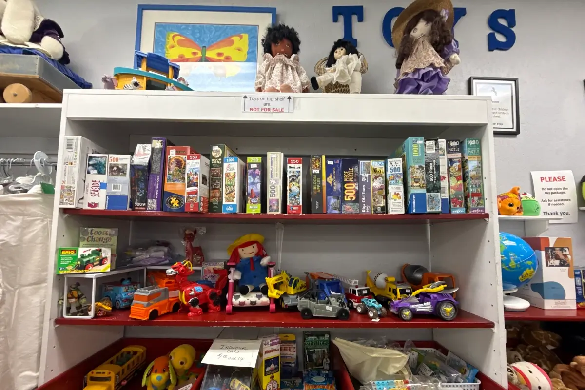Children’s toys, games, and dolls displayed on thrift store shelves